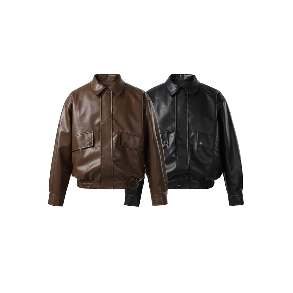 Front views of the same collared jacket in brown and black, with flap pockets, snap closures, and elastic hems.