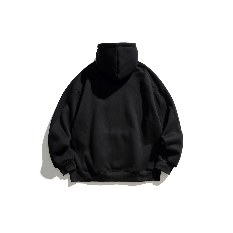 Back view of a plain black hooded sweatshirt.