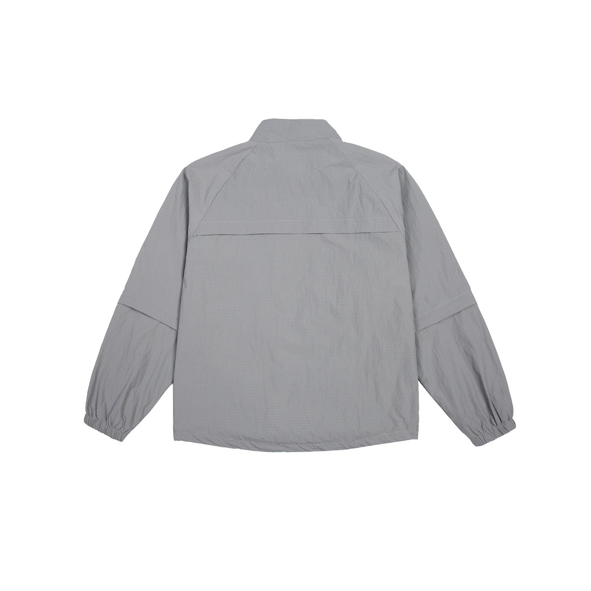 Back view of a gray long-sleeve jacket with a stand collar, panel seams, and elastic cuffs.