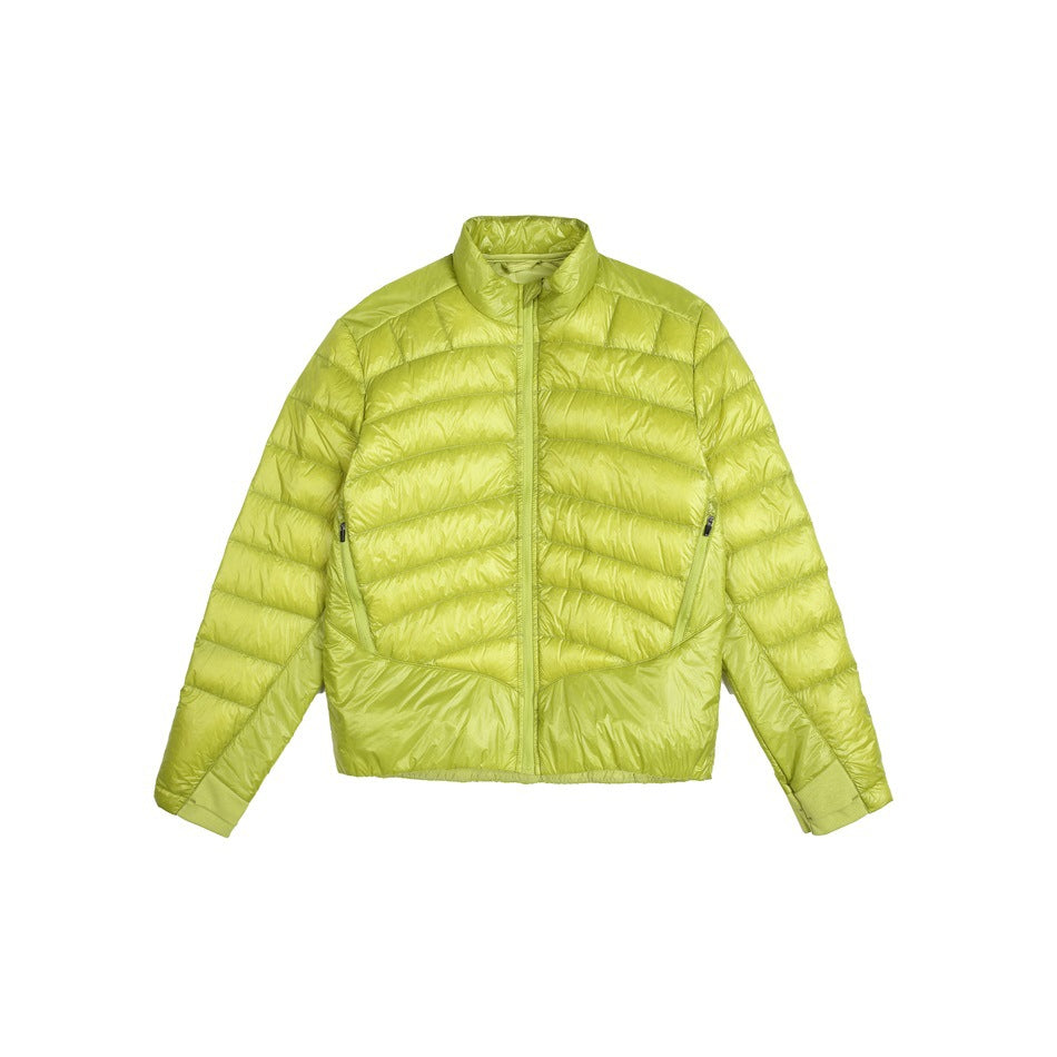 Lime yellow-green quilted stand-collar zip jacket, flat front view on white background