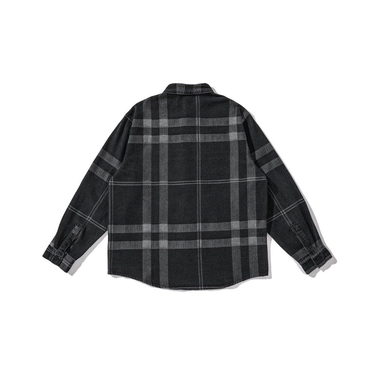 Back view of a charcoal plaid long-sleeve button-up shirt with a curved hem and buttoned cuffs.