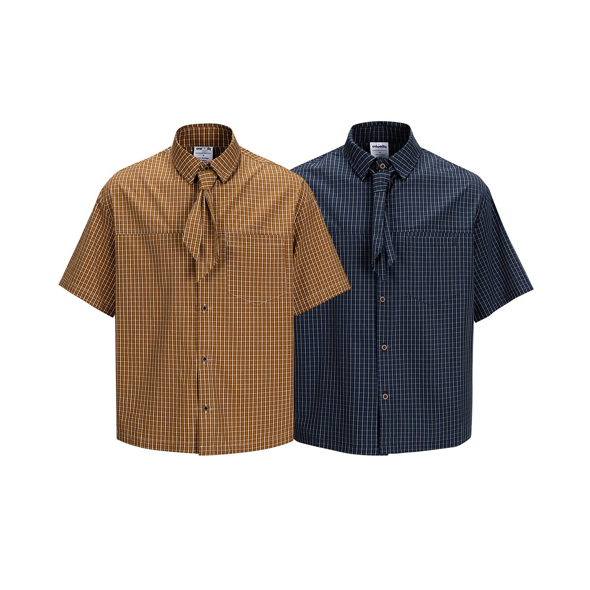 Two short-sleeve plaid button-up shirts shown from the front in brown and navy colorways.