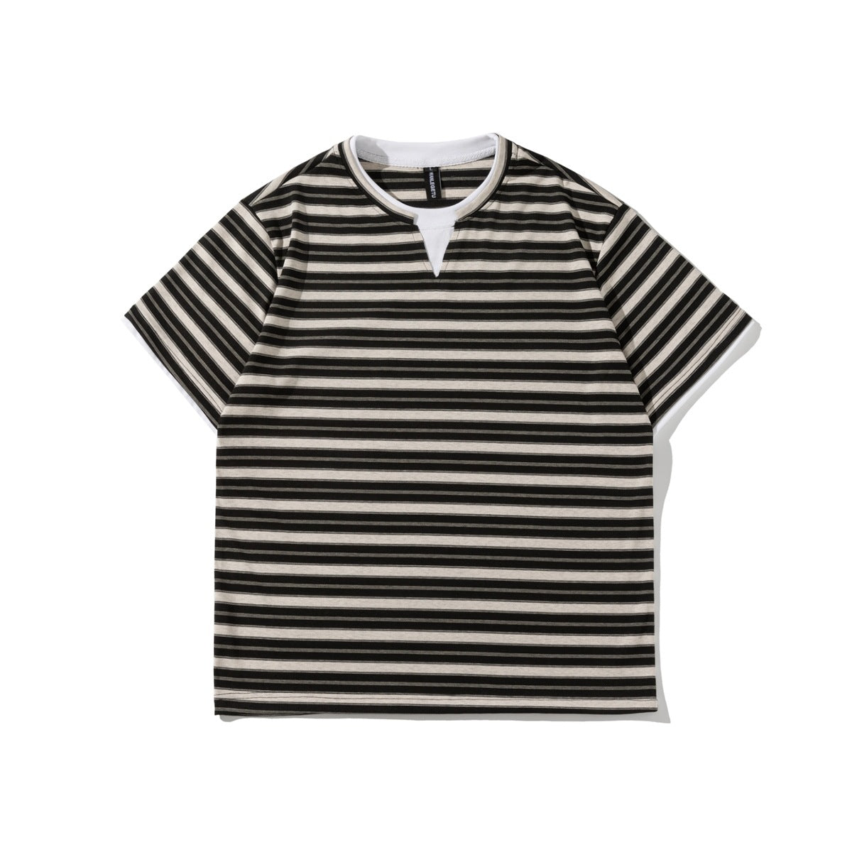 Black and beige striped short-sleeve T-shirt with white layered collar and V-notch insert, flat front view