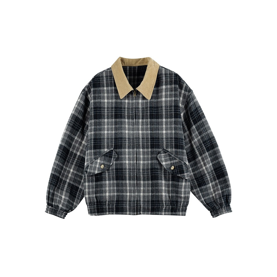 Dark gray plaid zip jacket with tan corduroy-style collar and two button-flap pockets, front view on white