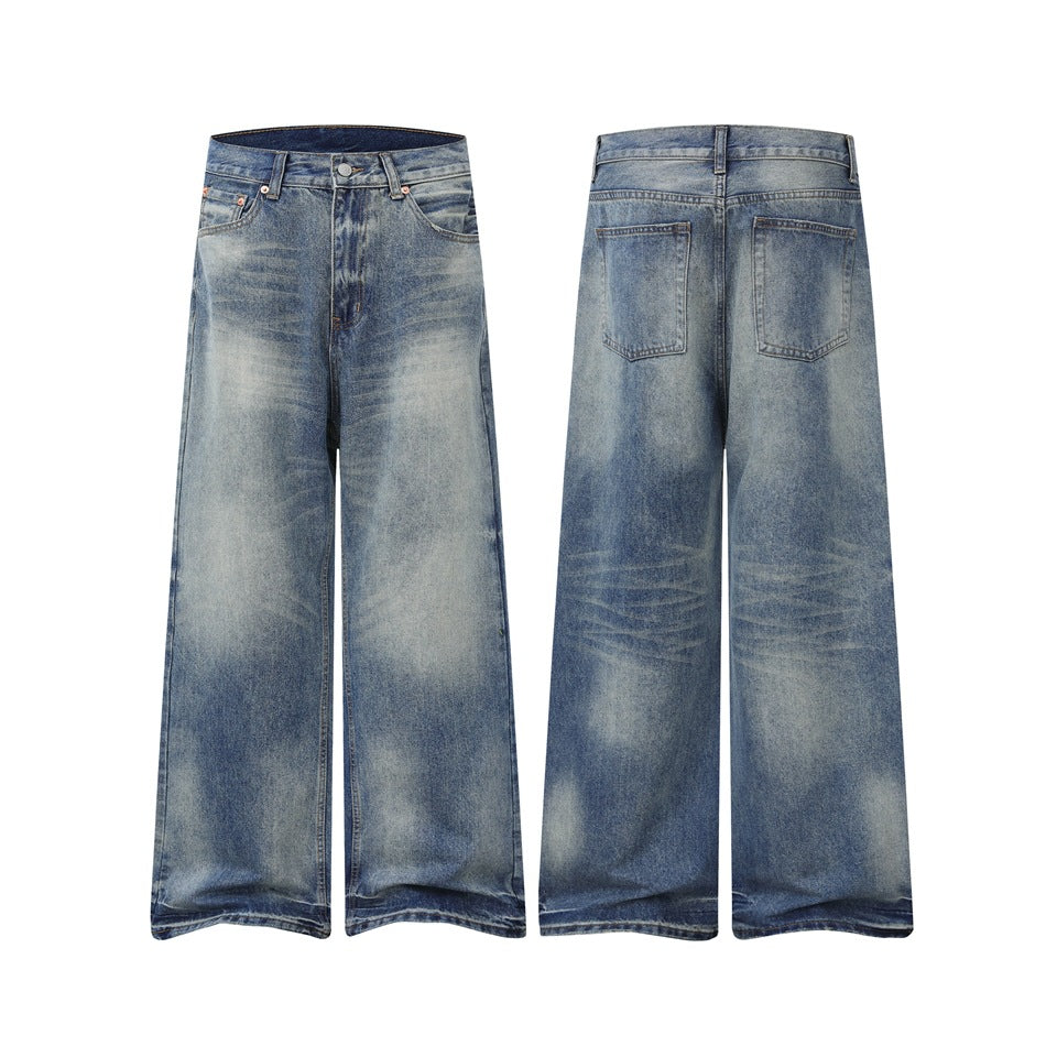 Flat product views of wide-leg blue jeans, showing the front on the left and back on the right.