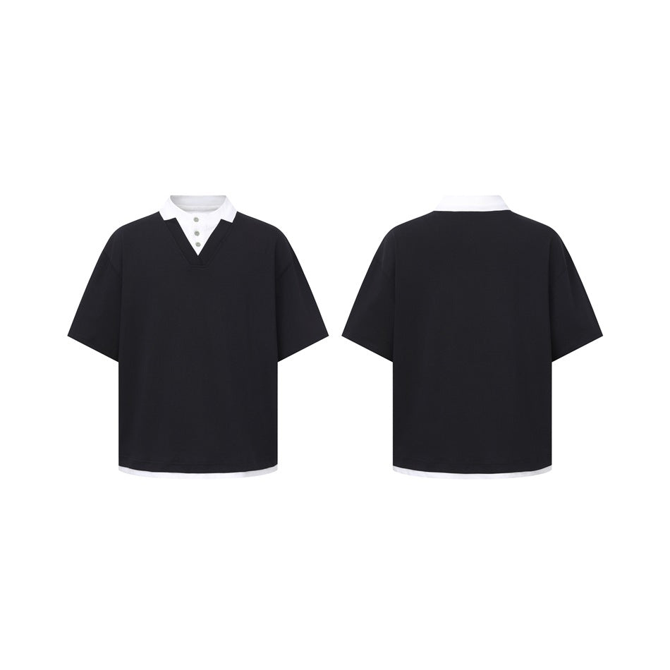 Black short-sleeve V-neck top shown from the front and back, with a white inner collar and hem.