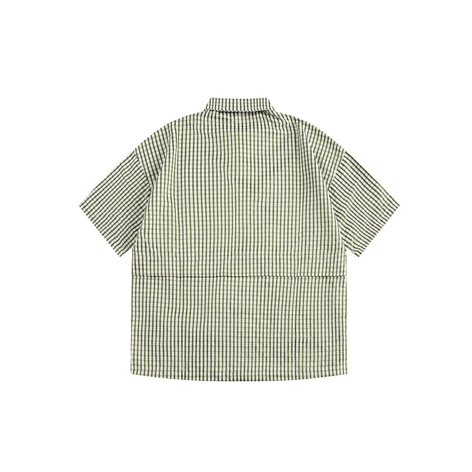 Back view of an olive-and-white checked short-sleeve button-up shirt laid flat.