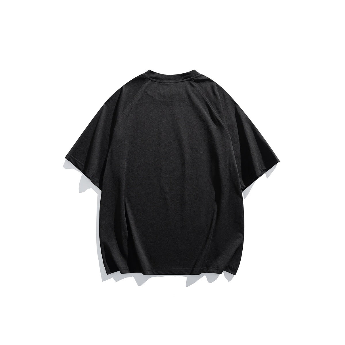 Back view of black short-sleeve raglan crew-neck T-shirt, plain with no print, flat lay