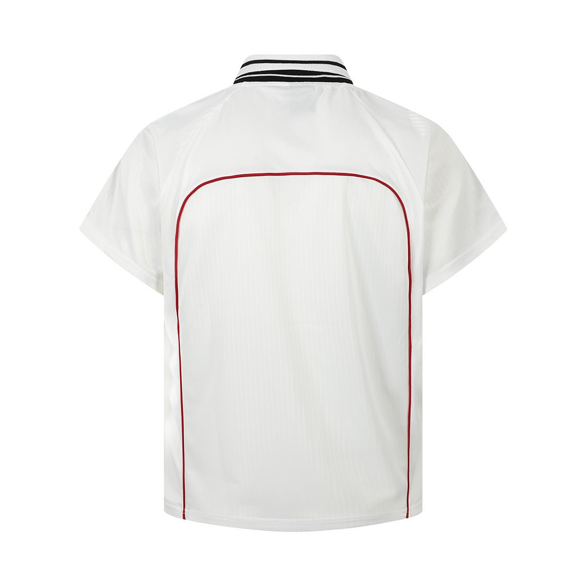 Back of a white short-sleeve jersey with red piping and a black-and-white striped collar.