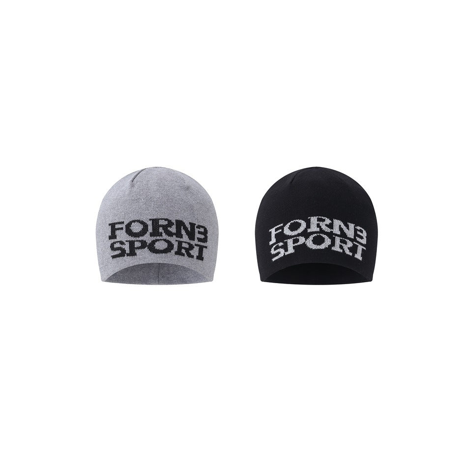 Gray beanie with black lettering beside a black beanie with white lettering, both front view on white