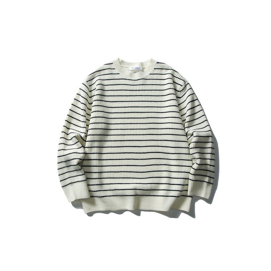 Off-white crewneck knit sweater with thin black horizontal stripes, flat lay