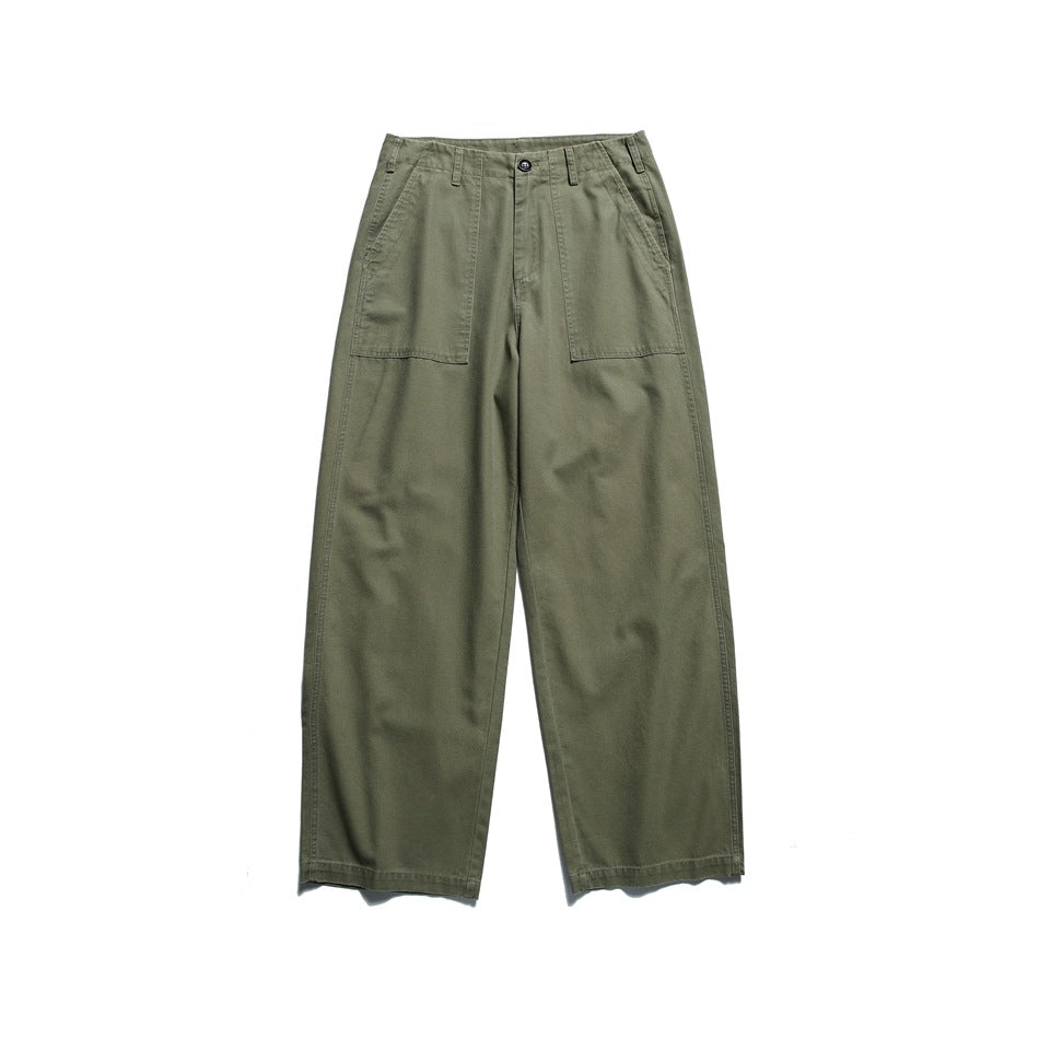 Olive green wide-leg utility pants, flat front view with large patch pockets and button waist