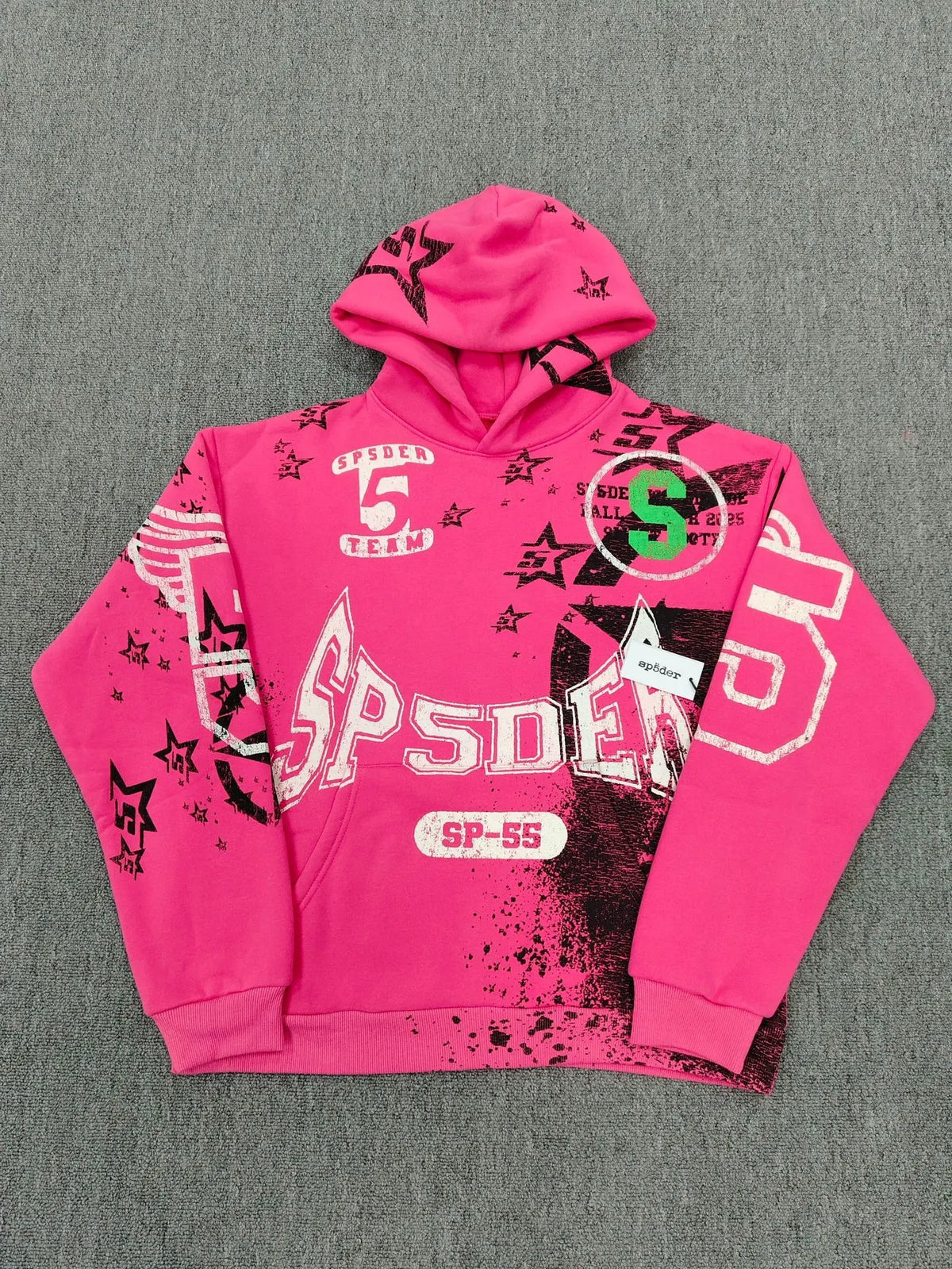 Sp5der SP-55 Team pink pullover hoodie with all-over graphic star prints and varsity lettering in pink, black, and white