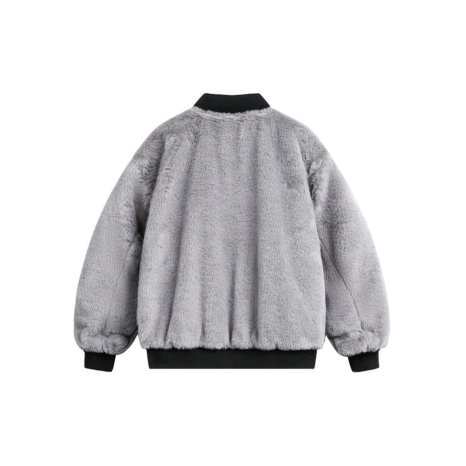 Back view of a gray fuzzy jacket with a black ribbed collar, cuffs, and hem.