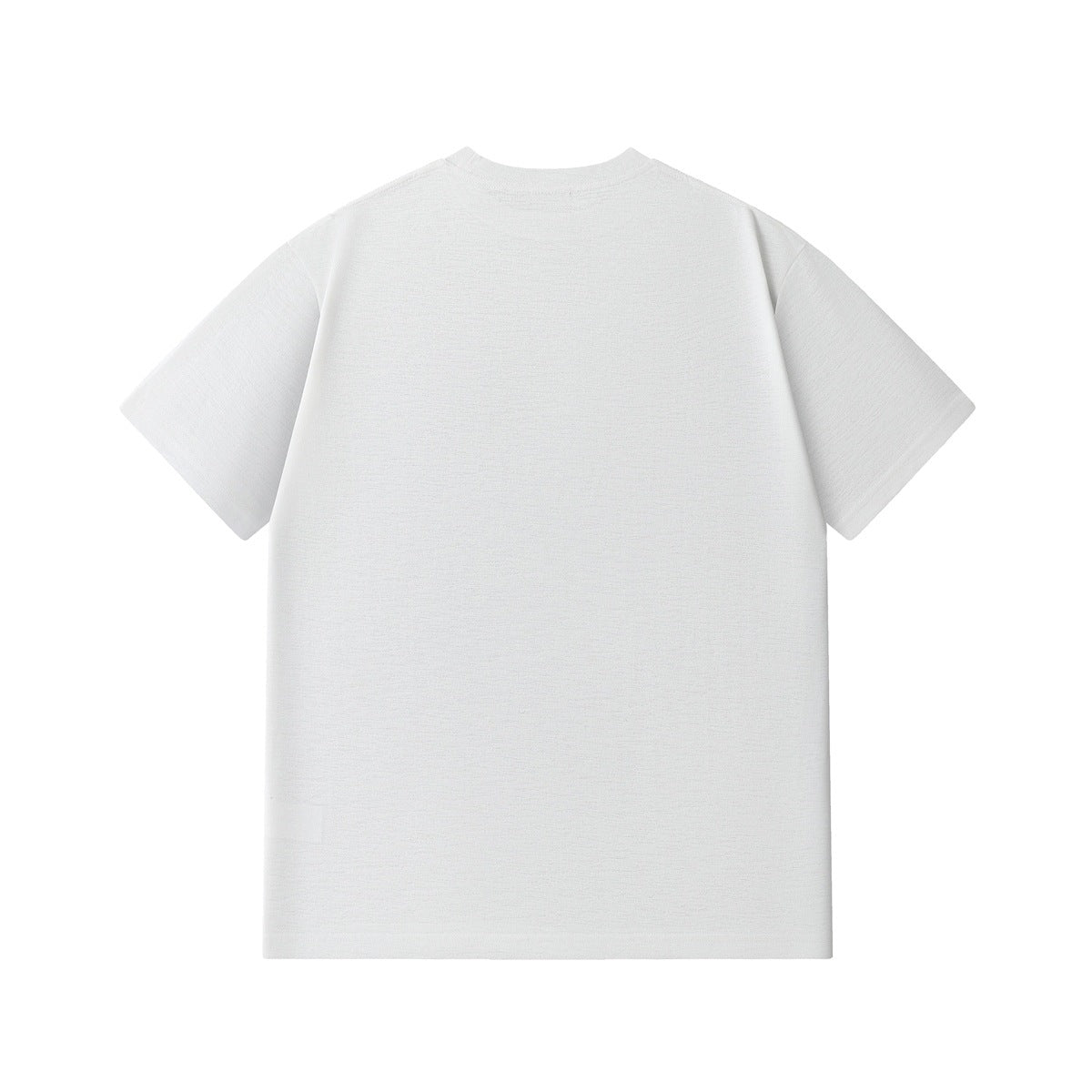 Back view of a plain white short-sleeve crew-neck T-shirt laid flat on a white background.