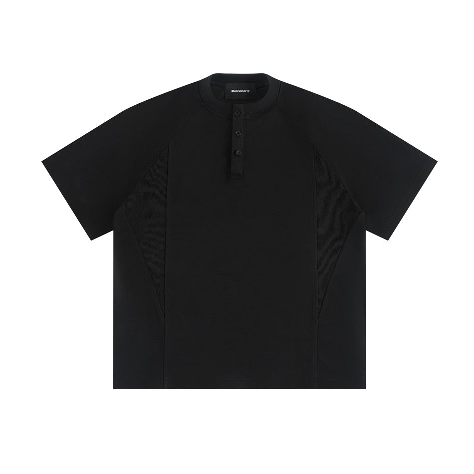 Black short-sleeve Henley T-shirt with three buttons, raglan sleeves and ribbed side panels, front flat view