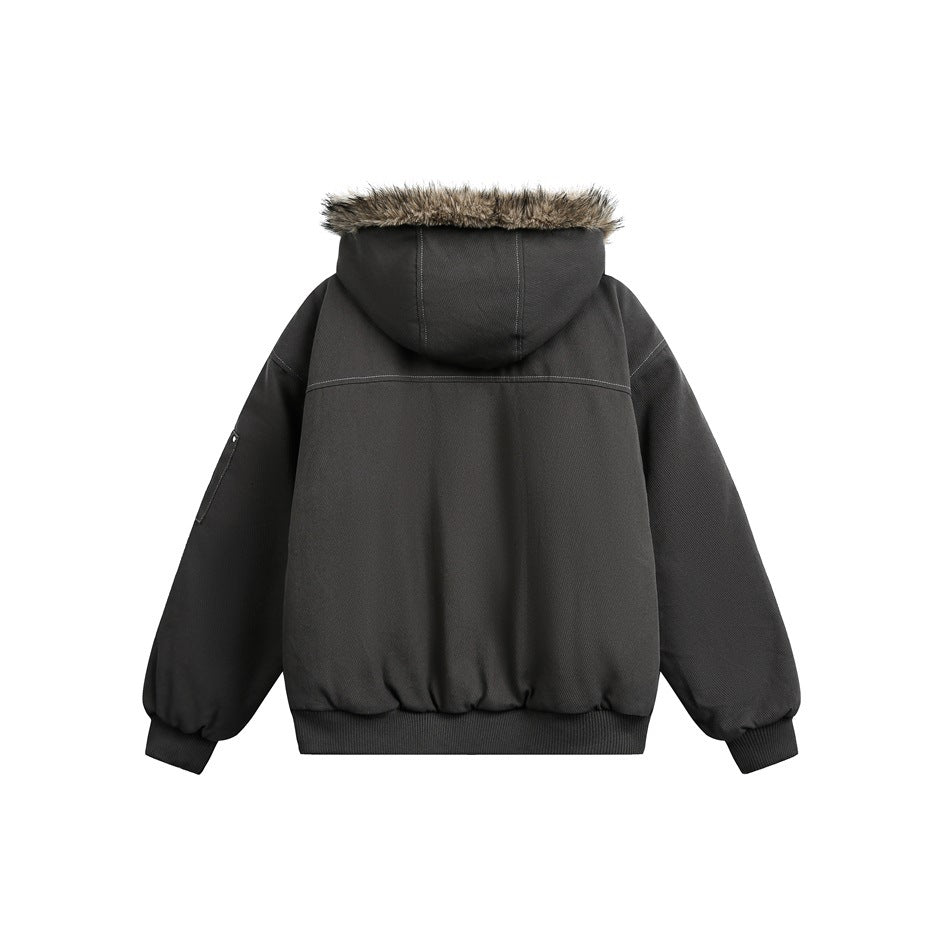Back view of a black hooded jacket with brown fur trim and ribbed cuffs and hem.