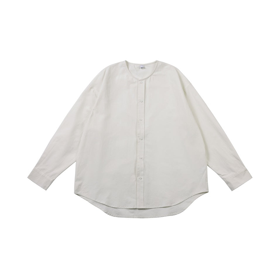 Off-white long-sleeve collarless button-front shirt laid flat, front view with curved hem