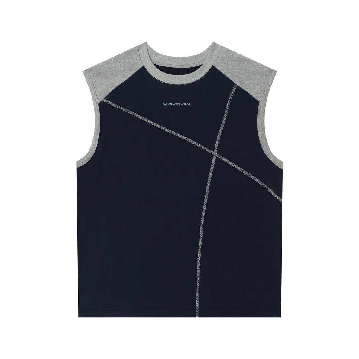 Navy sleeveless tank top with heather gray raglan shoulders and diagonal gray contrast stitching, front view