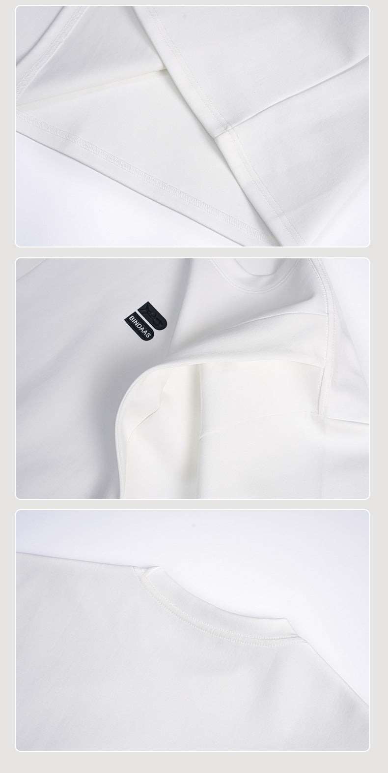 Collage of close-ups of a white T-shirt’s seams, neckline, underarm, and small black chest logo.