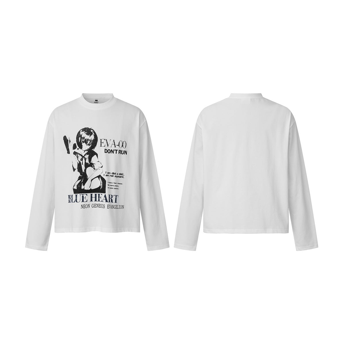 White long-sleeve crew-neck T-shirt shown from the front with a black and navy graphic, beside its plain back.