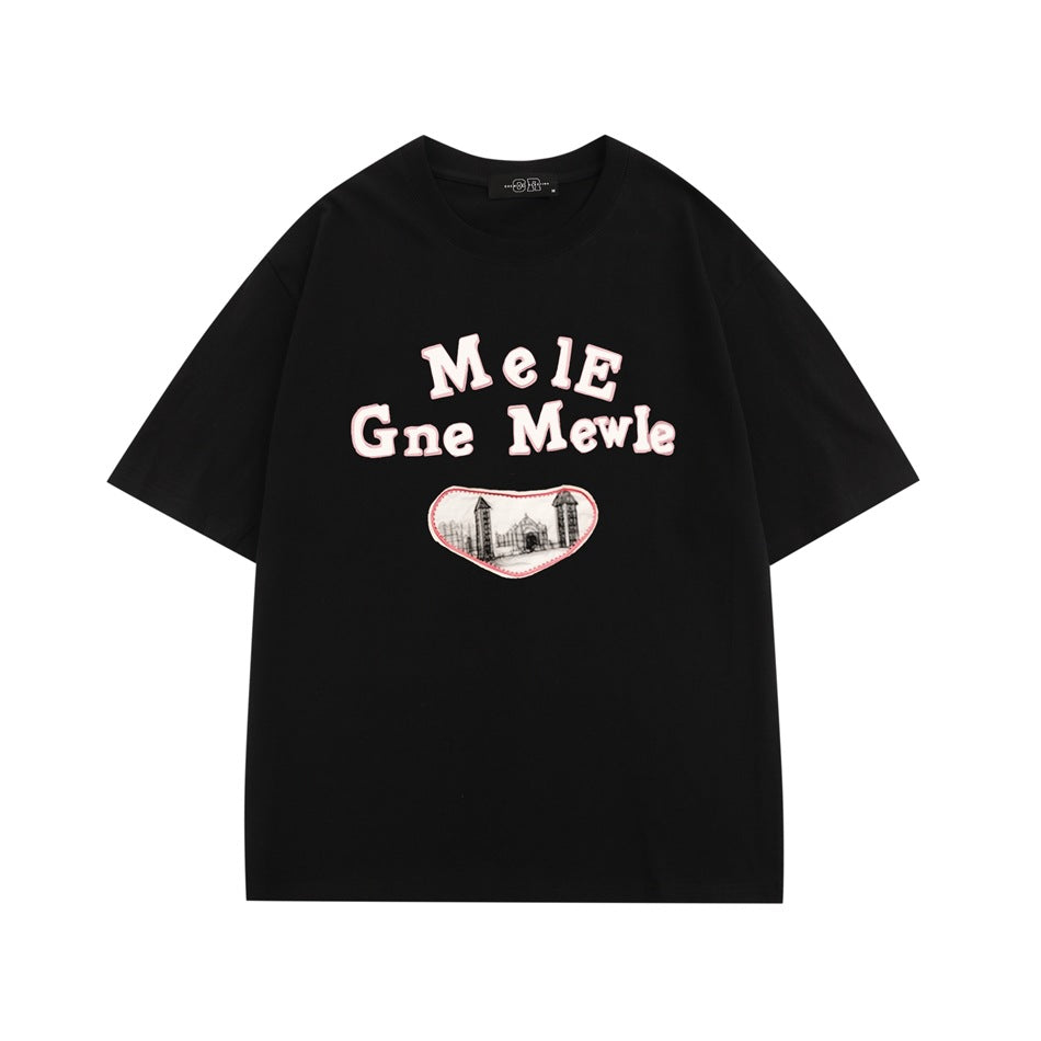 Black short-sleeve crew-neck T-shirt with pink-outlined lettering and a gated building patch on the front