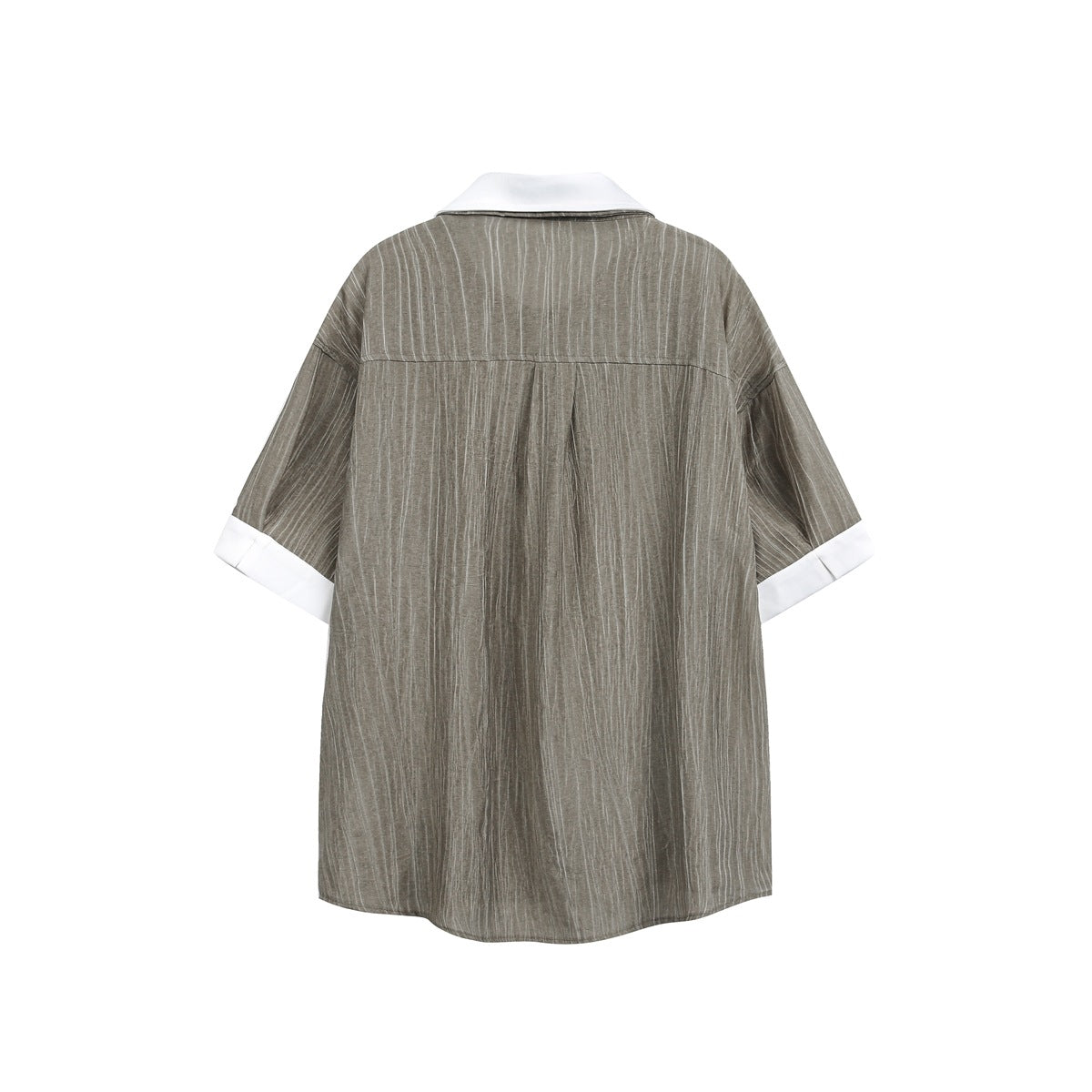 Back view of a brown-gray striped short-sleeve shirt with a white collar and sleeve cuffs.