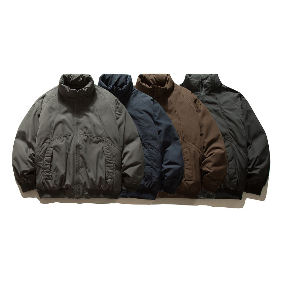 Four front-facing stand-collar jackets in gray, navy, brown, and black, arranged together.