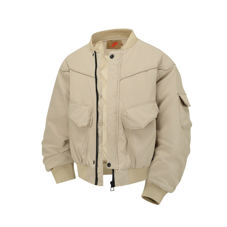 Khaki bomber-style jacket, front view, with ribbed collar, front flap pockets, sleeve pocket and quilted lining
