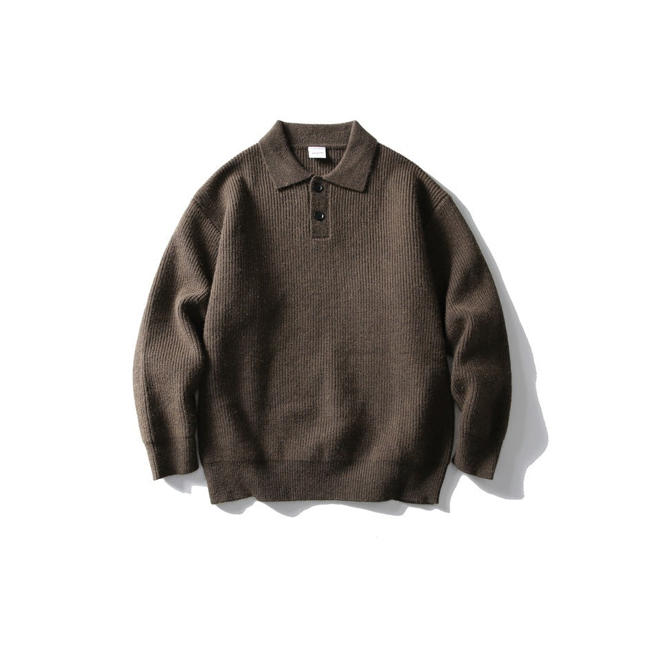 Brown ribbed knit polo-collar sweater with two buttons, flat lay front view