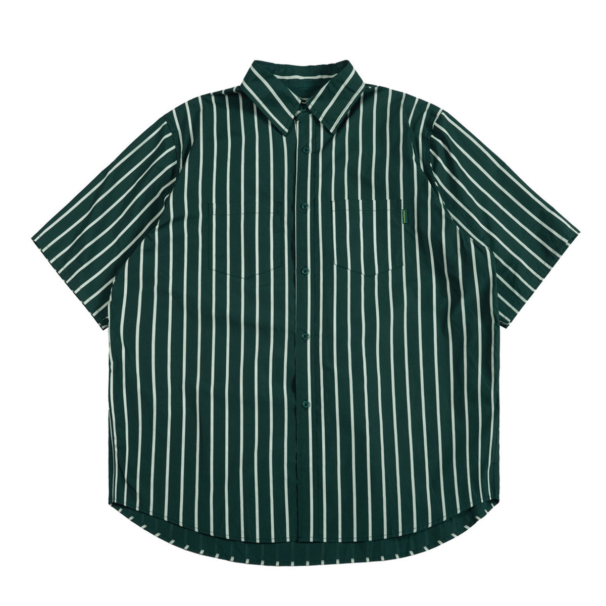 Dark green short-sleeve button-up shirt with cream vertical stripes and two chest pockets, flat lay front