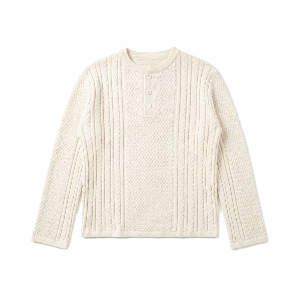 Beige long-sleeve cable-knit Henley sweater with three white buttons, flat lay front view