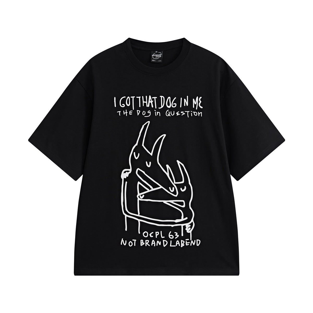 Black short-sleeve crew-neck T-shirt with white hand-drawn dog graphic and slogan text on the front