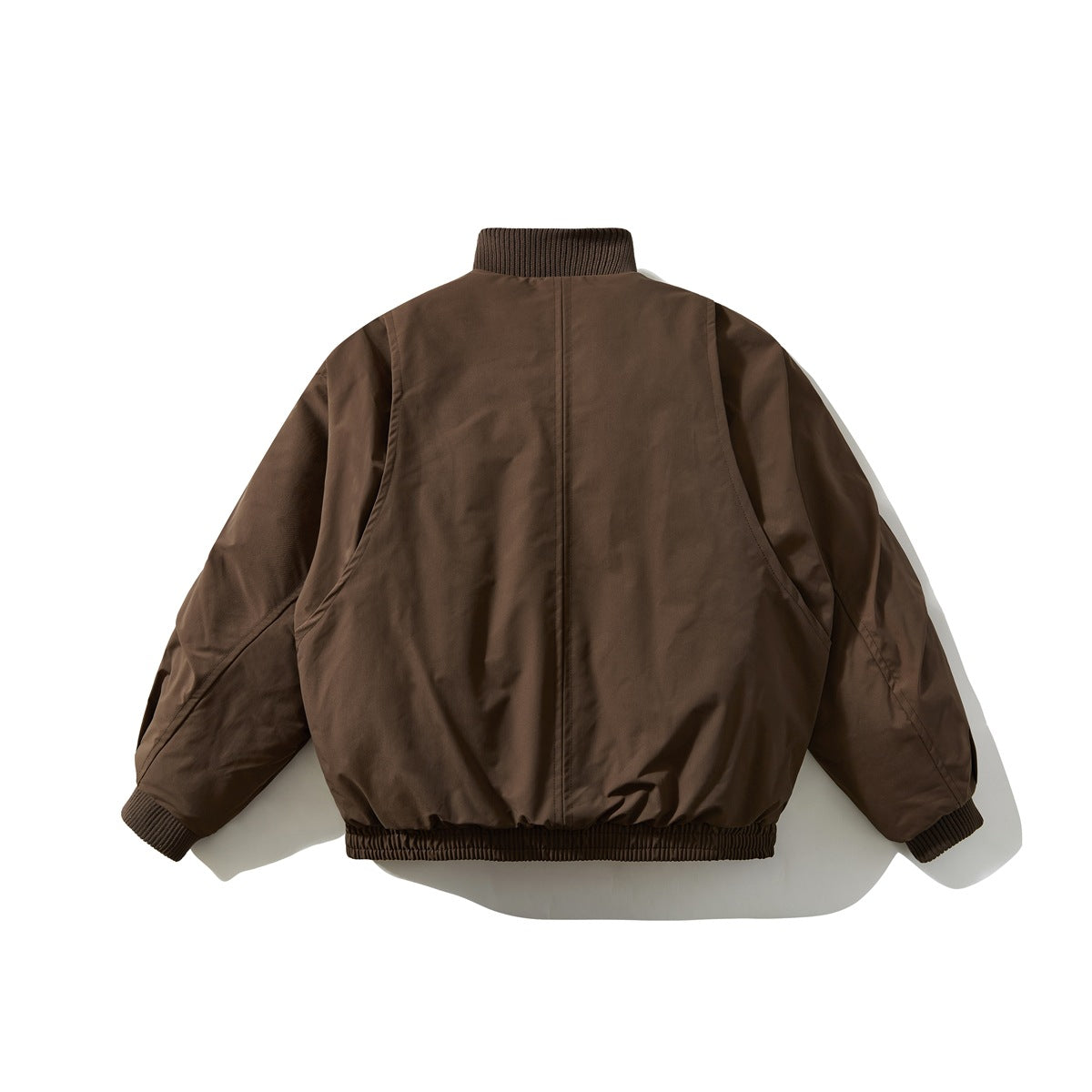 Back view of a brown zip-up jacket with a ribbed collar, cuffs, and hem.
