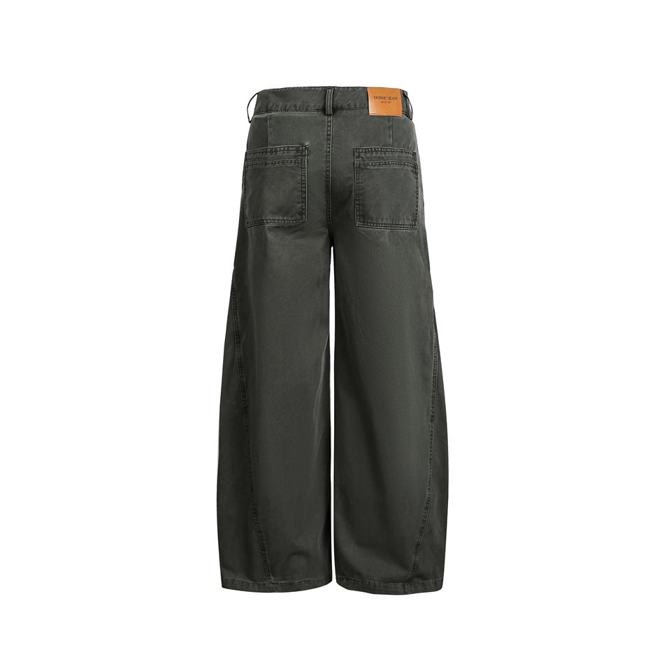 Back view of charcoal wide-leg pants with two patch pockets and a tan waistband label.