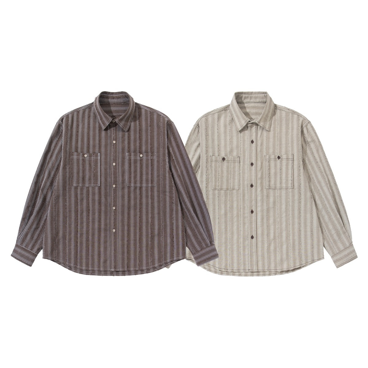 Two long-sleeve striped button-up shirts shown from the front in brown and light beige.
