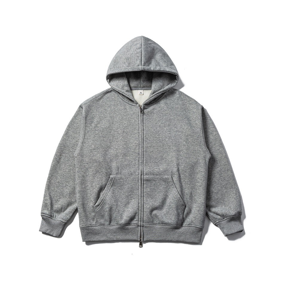 Gray heather zip-up hoodie jacket laid flat, with double-slider zip, front pocket and ribbed cuffs and hem