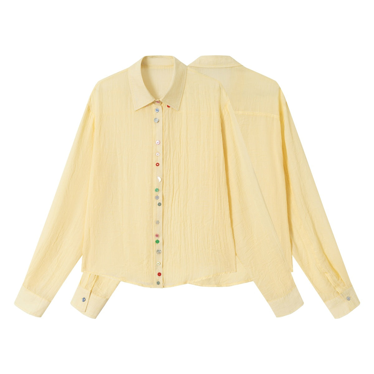 Pale yellow long-sleeve button-up shirt shown from the front and back, with assorted buttons down the front.