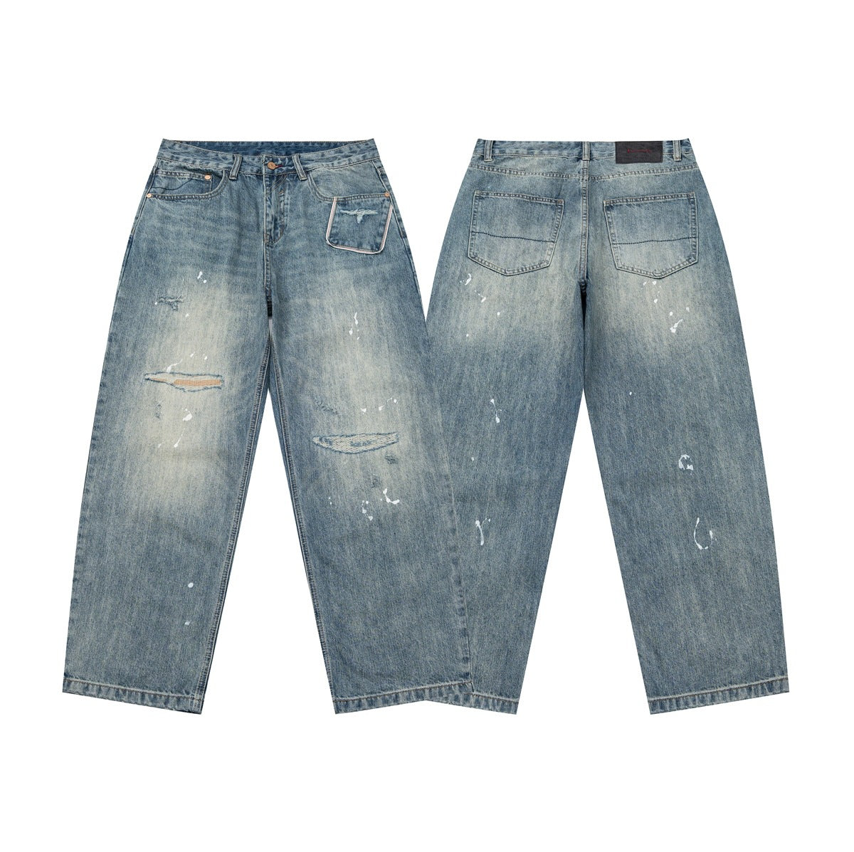 Faded blue distressed jeans shown from the front and back, with loose legs, paint-like marks, and worn patches.