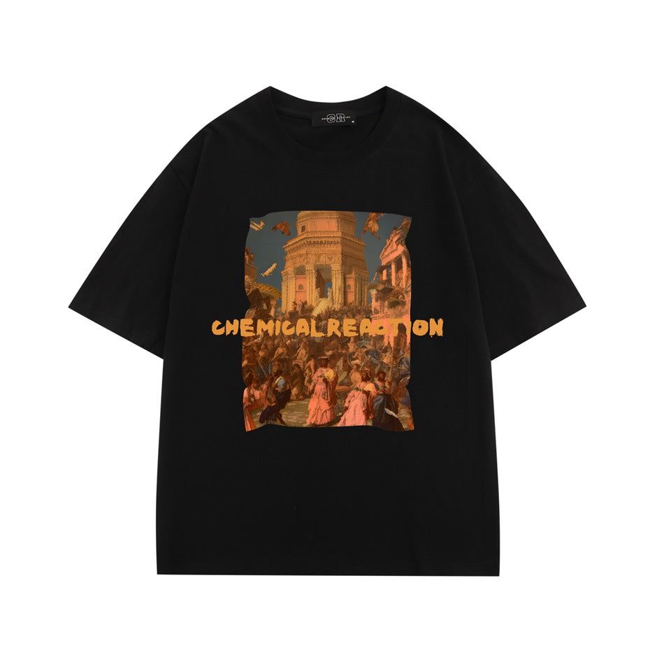 Black short-sleeve crew-neck T-shirt with orange CHEMICAL REACTION text and a classical crowd-scene graphic