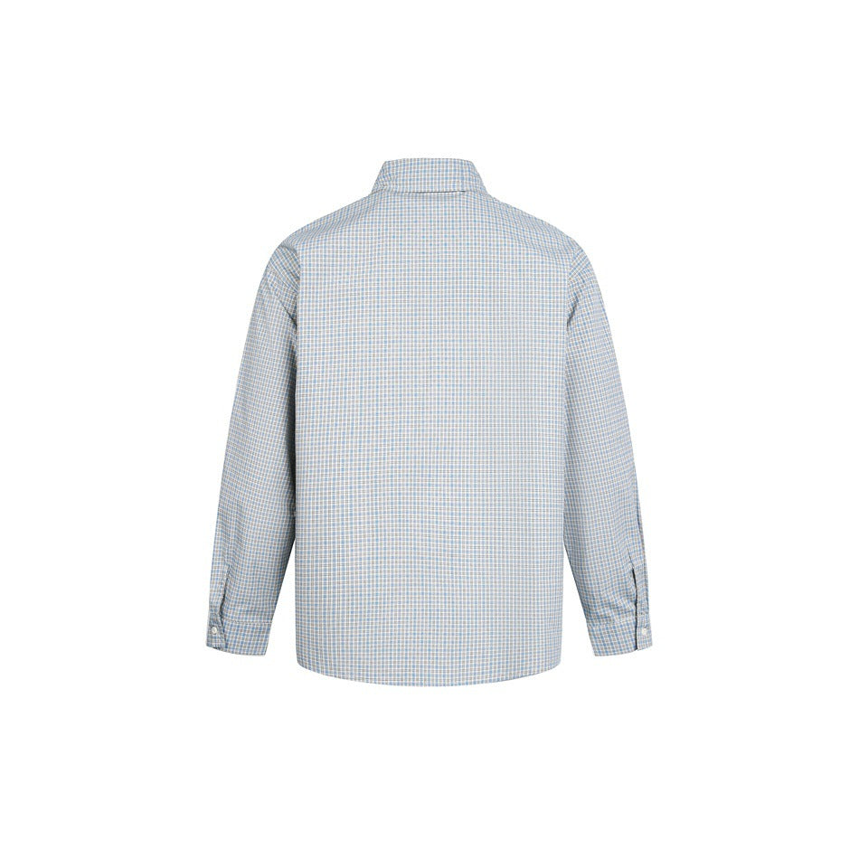 Back view of a long-sleeved shirt with a small blue, white, and tan check pattern on a white background.