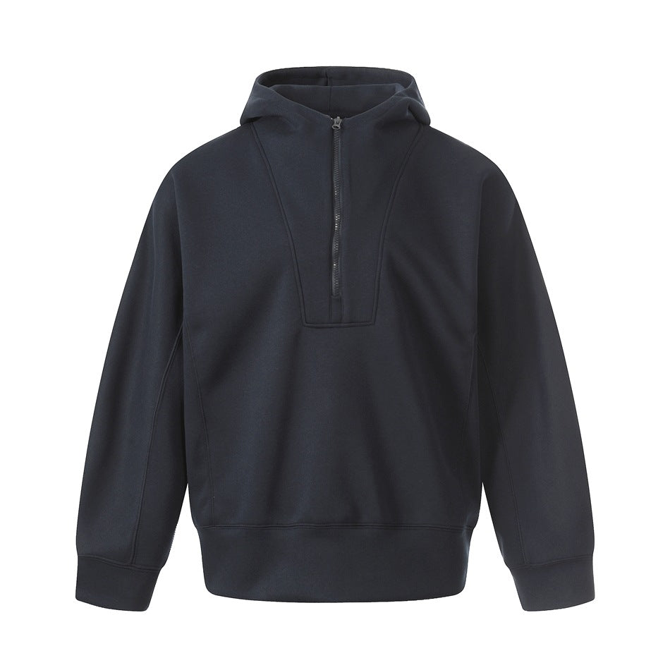 Navy half-zip pullover hoodie, flat front view with V-shaped chest panel and ribbed cuffs