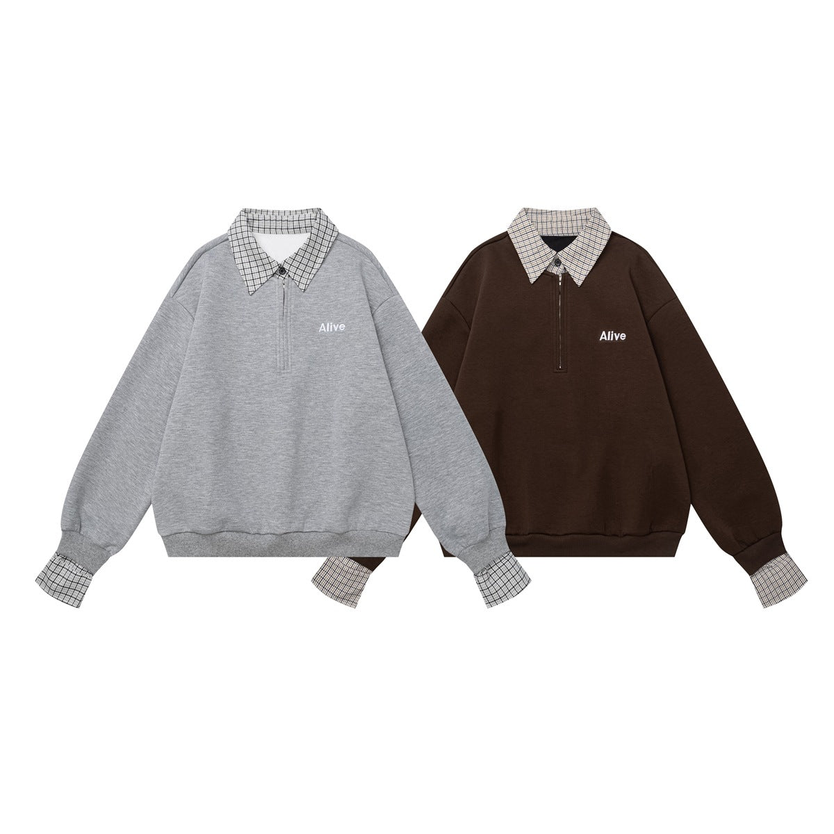 Front views of gray and dark brown pullovers with plaid collars and cuffs, short zippers, and white chest lettering.