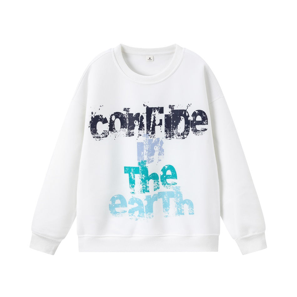 White crewneck sweatshirt with large navy, teal and light blue distressed text print on the front