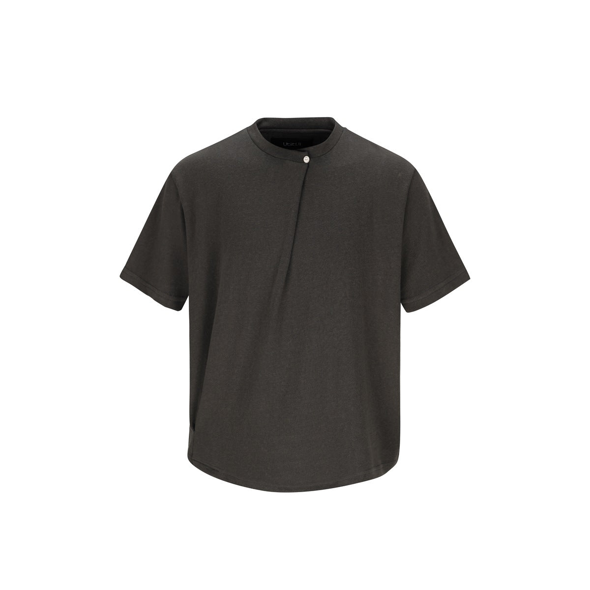 Dark gray short-sleeve tee flat lay with band neckline, neck button, diagonal front pleat and curved hem