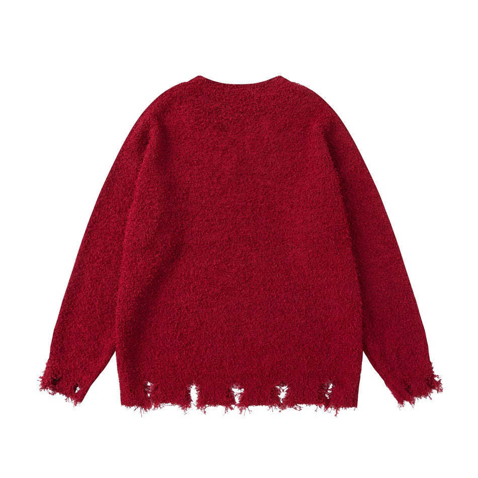 Back view of red fuzzy knit sweater with plain back and frayed distressed hem and cuffs