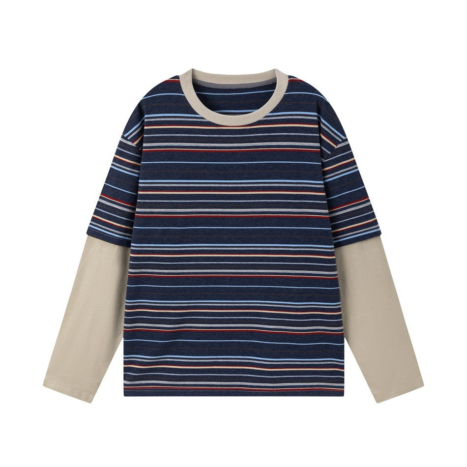 Flat front of a navy striped long-sleeve top with khaki collar and khaki contrast sleeves