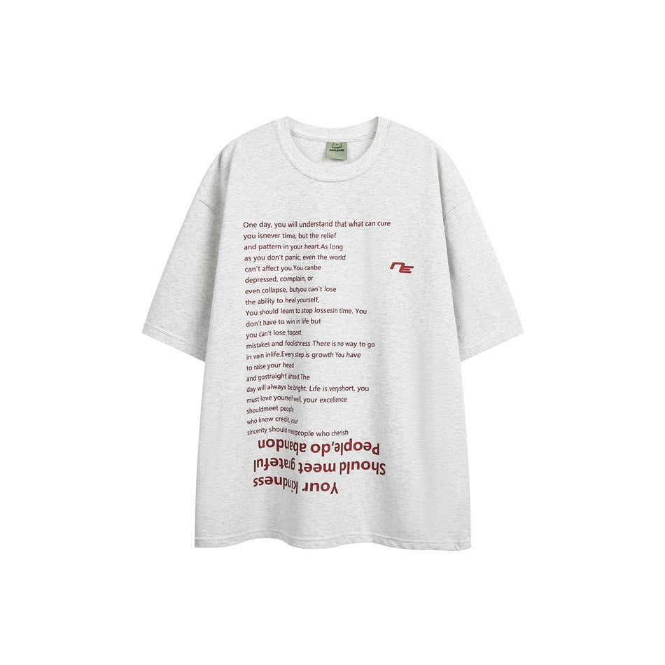 Heather gray short-sleeve T-shirt with dark red English text print and small chest logo