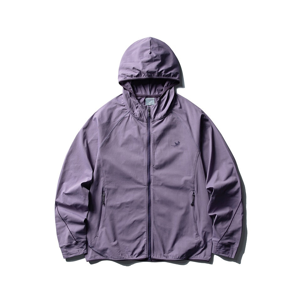 Purple hooded zip-up lightweight jacket flat lay with matching zipper, zip pockets and chest logo