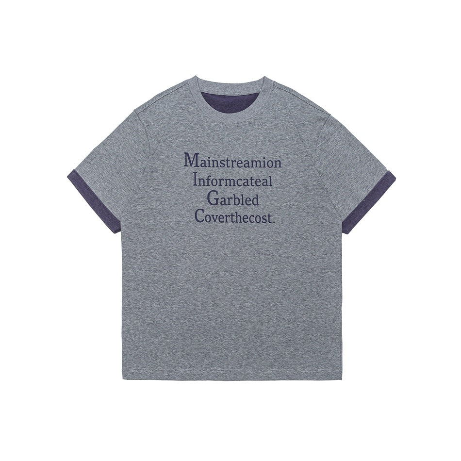 Gray heathered crew-neck T-shirt with navy-purple text print and purple sleeve cuffs, flat front view